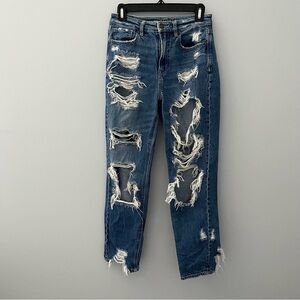 American Eagle Jeans Womens 2 Blue Distressed Mom Jean High Rise Denim Cotton